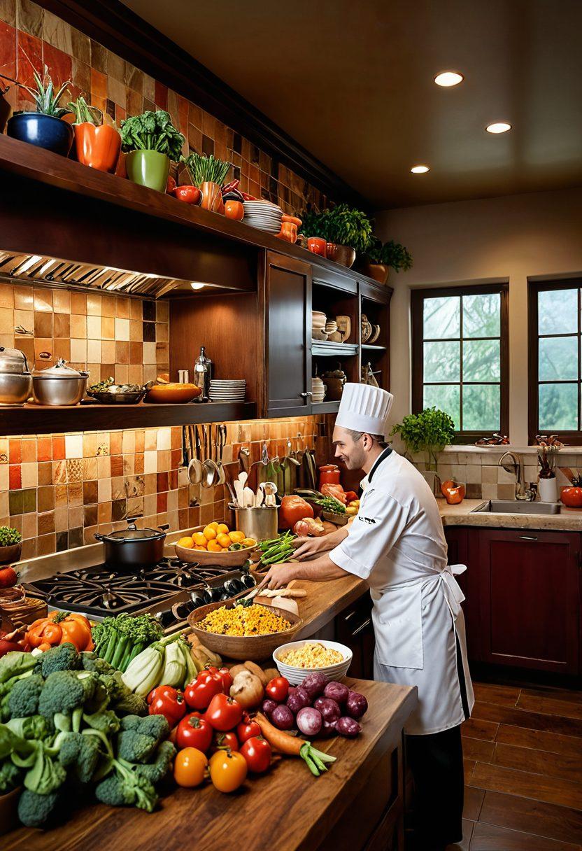 A vibrant kitchen filled with fresh ingredients and colorful spices as a chef passionately crafts gourmet dishes. An open travel cookbook lies on the counter, featuring images of exotic locations, and a world map is displayed on the wall, symbolizing culinary exploration. The atmosphere is warm and inviting, with soft lighting highlighting the textures of the food. super-realistic. vibrant colors. 3D.