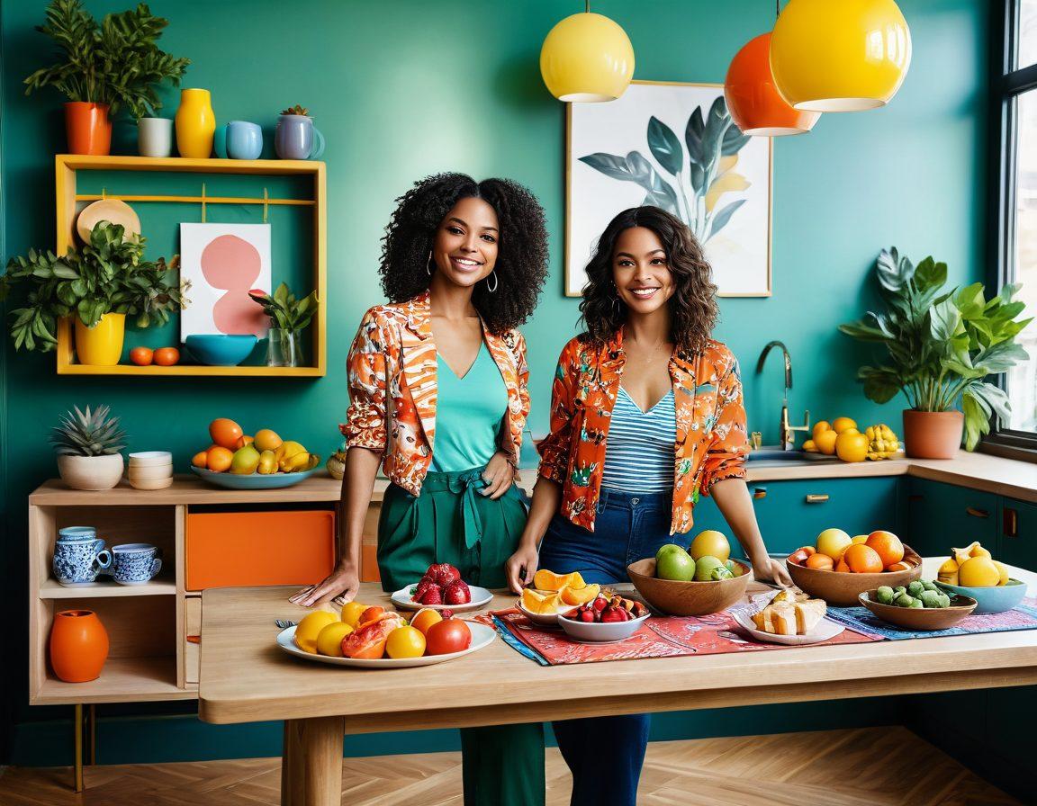 A confident modern woman surrounded by vibrant fashion attire, delicious healthy food, and self-care products, radiating empowerment and joy. She stands in a chic, stylish room filled with bright colors and greenery, showcasing a blend of fashion, culinary art, and wellness. The background hints at a cozy cafe setting with natural light streaming in. super-realistic. vibrant colors. 3D.