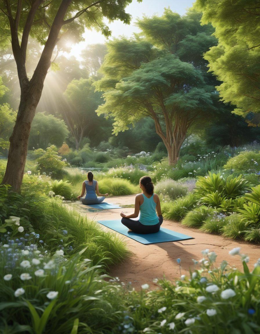 A serene and inspiring scene depicting a diverse group of people engaged in wellness activities like yoga, meditation, and beauty rituals, surrounded by nature. Integrate symbols of relationships, such as hearts and connecting hands, in the background. Use soothing colors like greens and blues to evoke tranquility and empowerment. Add elements like flowers and calming textures to enhance the visual appeal. super-realistic. vibrant colors. soft focus.